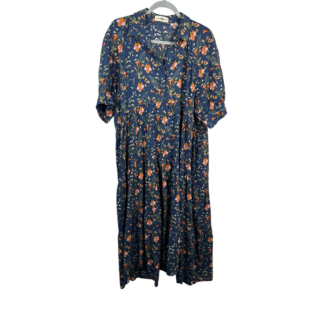 Natural Life Tiered Midi Dress Womens XL Navy Floral Excellent Boho Short Sleeve